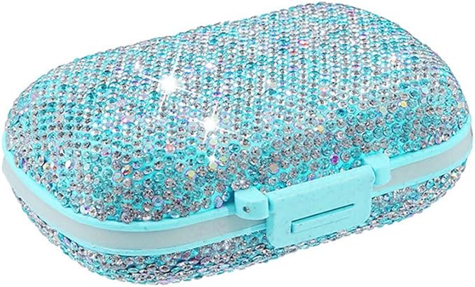 Daily 6 Compartments Pill Box Container Bling Diamond for Purse Medicine Container Holder for Women Travel Kit Medicine (AB Blue)