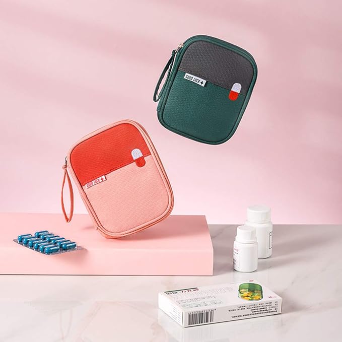 First Aid Kit Bag Empty Travel Medication Pouch Mini Zippered Oxford Medical Survival Kit Carrier Handy Medicine Pills Drugs Package Organizer with 3 Pocket+1 Main Holder-5.5x4.3x0.8Inch(Pink-S)