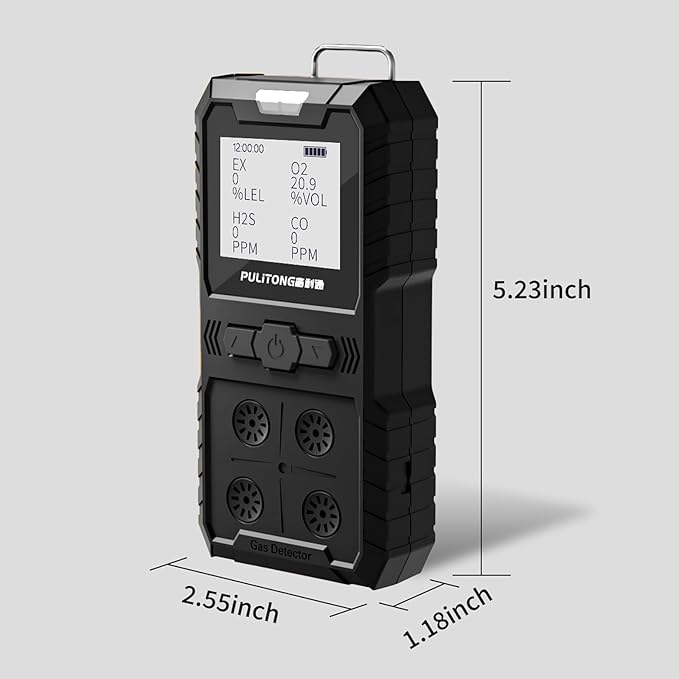 Portable 4 Gas Monitor Multi Gas Detector，Portable Gas Detector Rechargeable 4 Gas Monitor Ex H2s Co O2 with LCD Display Sound Light Shock confined Space air Monitor (Black)