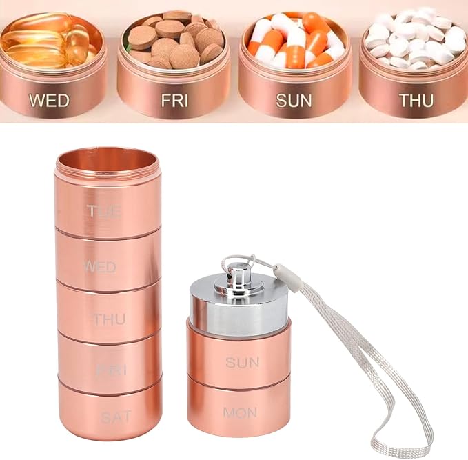 Metal Organizer, Stackable Metal Weekly Travel Organizer, Portable Aluminum Alloy Tablets Box with Lanyard Rose Gold for Vitamin, Fish Oil & Supplement