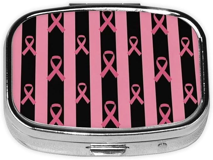 Travel Pill Organizer Portable Pill Case 2 Compartments Breast Cancer Awareness Stripes Ribbon Black Small Pill Box Mini Daily Medicine Organizer Box