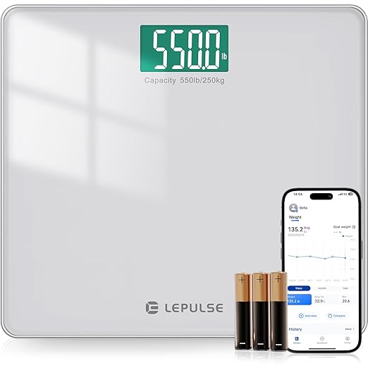 LEPULSE 550lb Bathroom Digital Scale for Body Weight BMI, Extra Wide Platform High Capacity Large Backlit Display, Most Accurate Bathroom Scale up to 550 lbs Weight Scale with APP, 8mm Tempered Glass