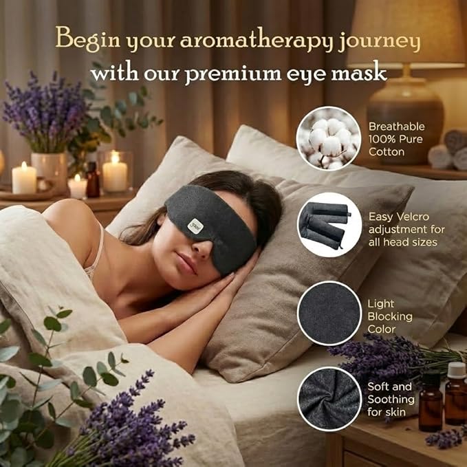 Cotton Eye Mask with AROMA STICKERS®︎ - Relax - Natural Essential Oil Scented - Aromatherapy Sticker Diffuser for Eye Mask - Lavender, Frankincense for Sleeping, with Gift Bag (Pack of 1,12 Stickers)