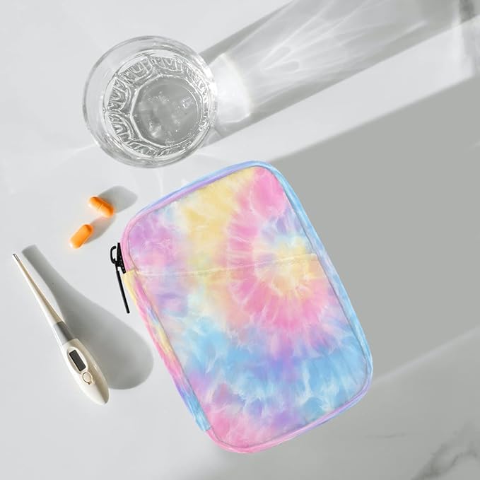 Tie Dye Beautiful Rainbow Pill Case Travel Pill Organizer Weekly 7 Day Portable with Zipper Medicine Box Pill Case for Vitamins, Birth Control,Fish Oils,Medication, Supplements