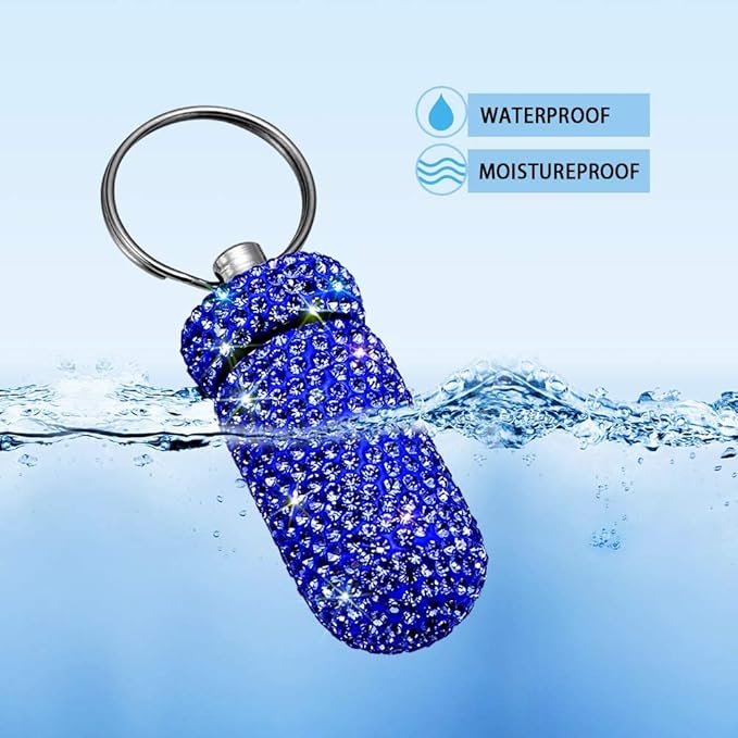 Portable Pill Case Pill Container Waterproof Pill Holder with Keychain Bling Pill Box Medicine Dispenser Bottle Storage for Outdoor Camping Travel (Royal Blue)