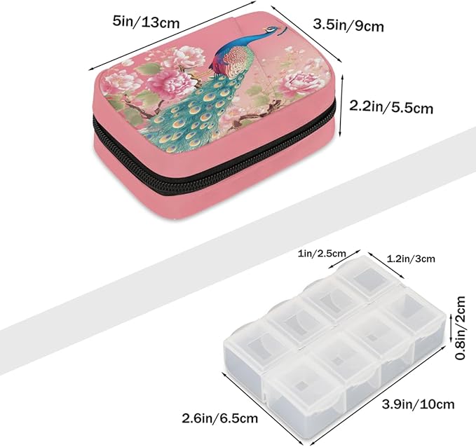 Pink Flower Peacock Pill Case Travel Pill Organizer Weekly 7 Day Portable with Zipper Medicine Box Pill Case for Vitamins, Birth Control,Fish Oils,Medication, Supplements