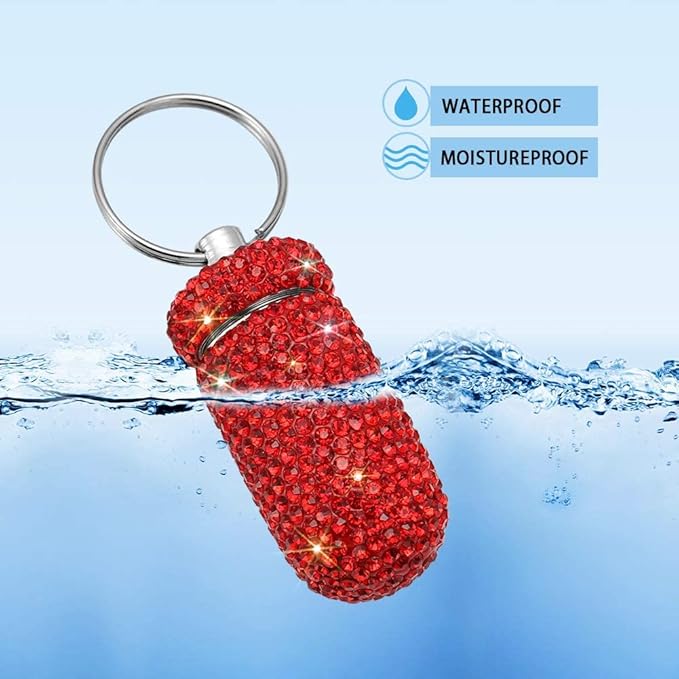 Portable Pill Case Pill Container Waterproof Pill Holder with Keychain Bling Pill Box Medicine Dispenser Bottle Storage for Outdoor Camping Travel (Red)