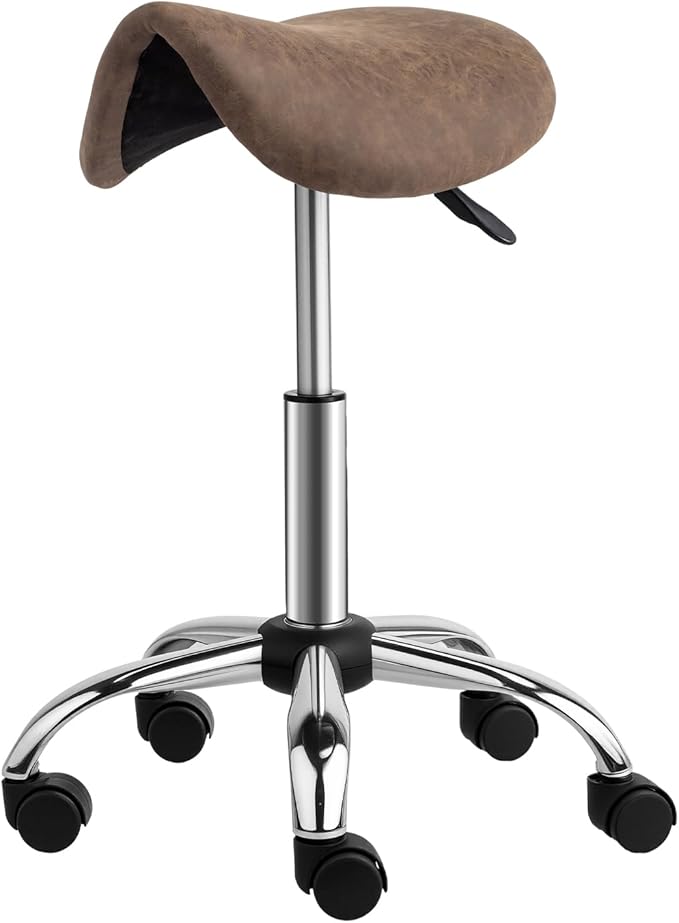 OmySalon Adjustable Saddle Stool with Footrest, Hydraulic Rolling Salon Chair, 360° Swivel Wheels Ergonomic Stool for Hair Stylists, Tattoo Artists, Office, Spa, Massage, Dental (Walnut)