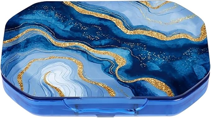 This Portable Watercolor Gold and Blue Marble Pattern 6-Compartment Pillbox Can Be Placed in A Pocket Or Wallet to Store Vitamins, Medicines Fish Oil Health Supplements Other Medications.