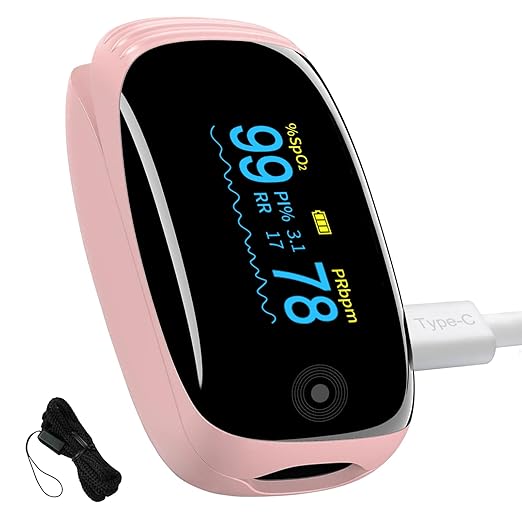 Rechargeable Pulse Oximeter with Respiration, Pink OLED Display Fingertip Oxygen Monitor, Track SpO2 Pulse Rate PI and RR, Fast Accurate Reading Lanyard Included for Home and Outdoor Sports