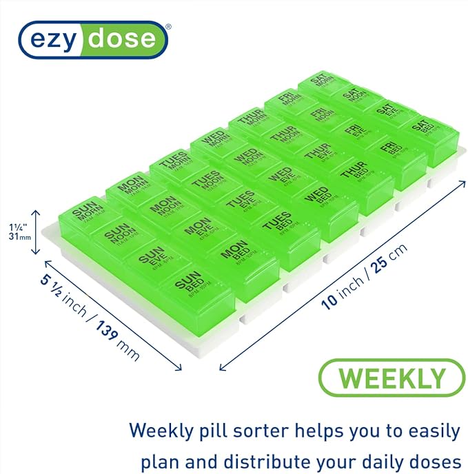 Ezy Dose Weekly (7-Day) Pill Organizer, Vitamin and Medicine Box, Large Pop-Out Compartments, 4 Times a Day, Green