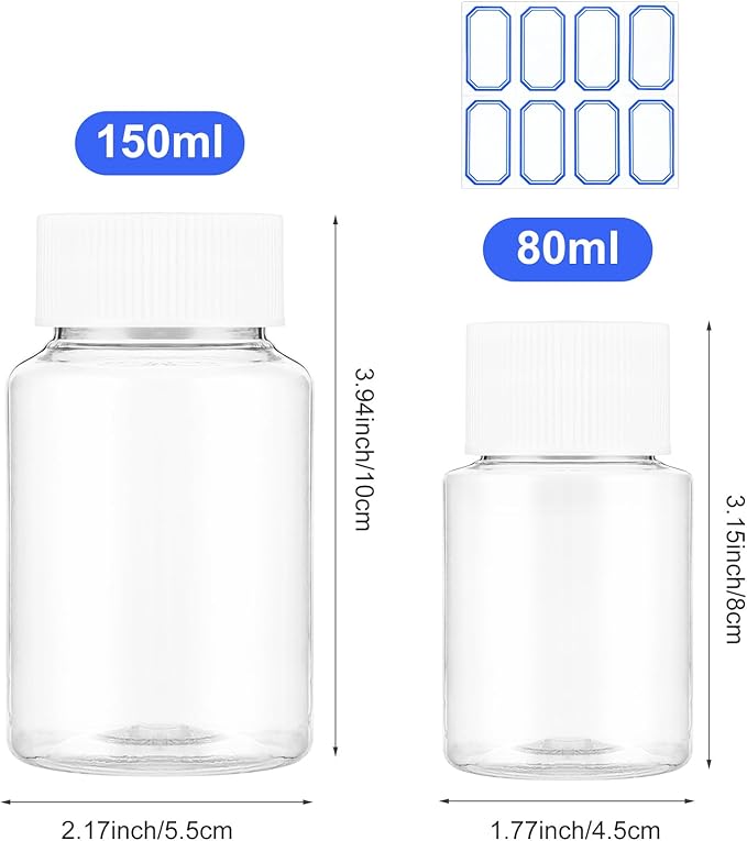 6 Pcs Clear Pill Bottle 150ml/80ml Plastic Medicine Containers Sample Jar with Caps Refillable Tablet Storage Holder Empty Reagent Chemical Organizers Small Travel Pill Cases for Liquid Solid