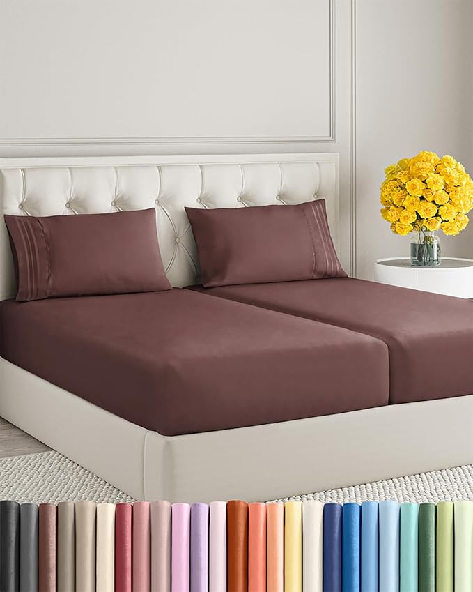 Split King Size 5 Piece Sheet Set - Extra Soft, Breathable & Cooling Sheets - Hotel Luxury Bed Sheets for Women & Men - Deep Pockets, Easy-Fit & Wrinkle-Free Sheets - Dark Russet Oeko-Tex Bed Sheets