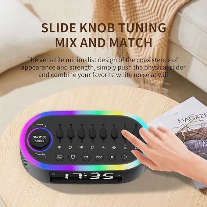White Noise Machine Bluetooth Speaker, Digital Alarm Clock Sleep Timer with LED Display RGB Night Light, Soothing Natural Sleeping Sound Machine for Baby, Kids, Adults, Bedrooms (Black)