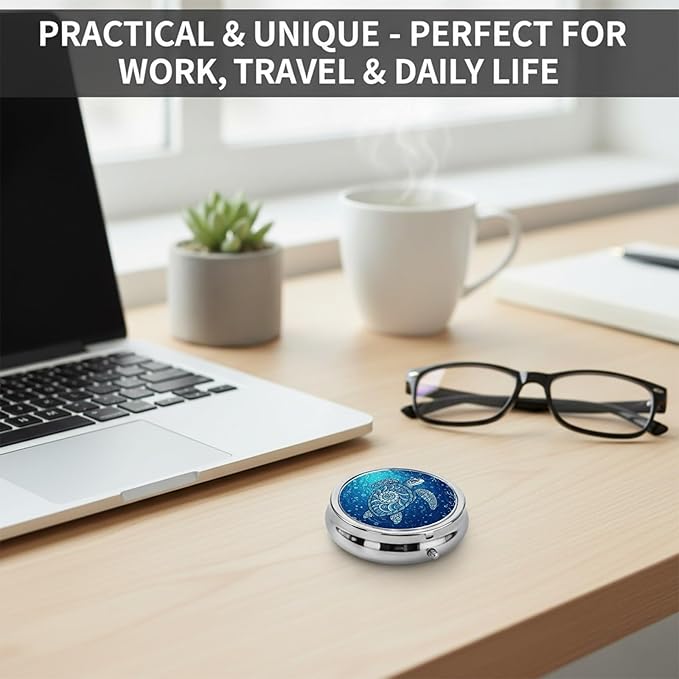 Round Pill Case Small Pill Box with Mirror Pocket 3 Compartment Vitamin Pill Medicine Case Organizer Pill Containers for Traveling Sea Turtle Wave One