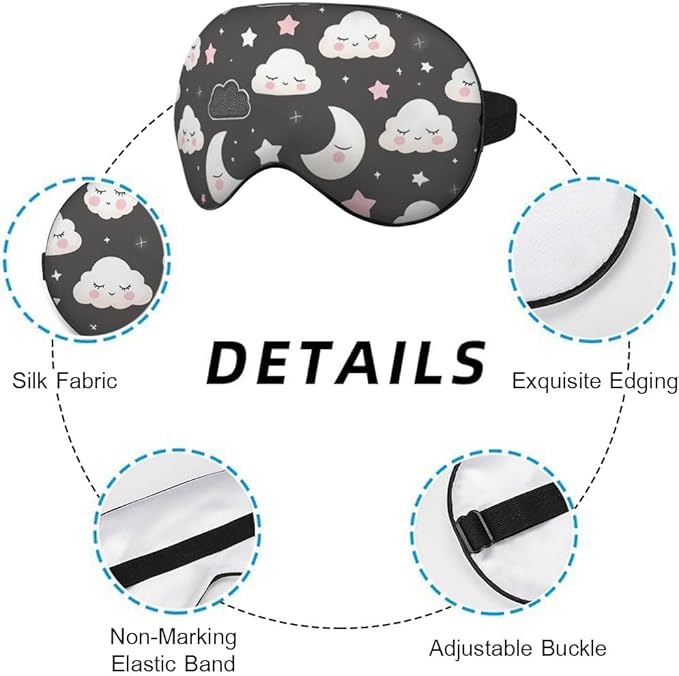 Grey Night Sleep Eye Mask Eye Cover Cute Cartoon Clouds Moons White Pink Silk Eye Mask for Sleeping with Adjustable Strap for Travel Nap Shift Work Office