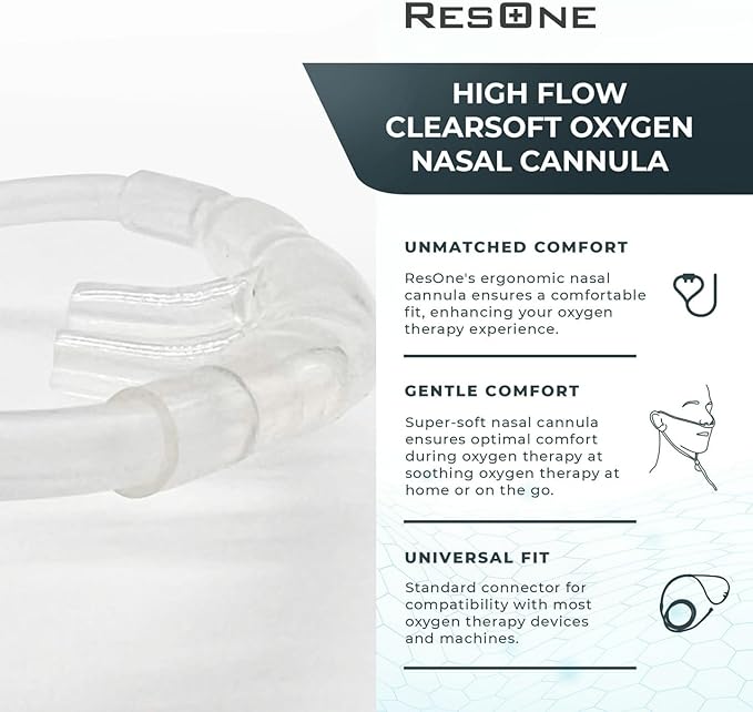 ResOne 2Ft High Flow Adult Oxygen Nasal Cannula 1-Pack - Soft Curved Prongs, Crush-Resistant Tubing - Oxygen Concentrator Supplies - Soft Curved Nose Piece, Standard Size, 15 LPM