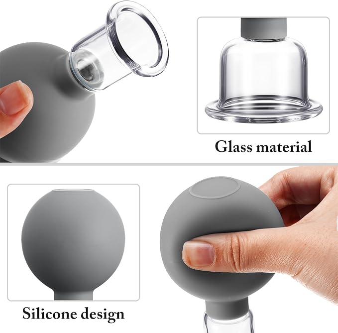 Nuanchu 2 Pieces Glass Cupping Set, Facial Cupping Cups Glass Silicone Cups Vacuum Suction for Face Skin Back Shoulder Muscle(1 Inch and 1.4 Inch Diameter,Grey)
