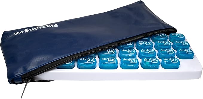 Pill Pod Organizer with Zippered Travel Case 31 Day Monthly Pill Organizer Pods - Keep a Months Supply of medications, Vitamins & Supplements Ready to go in The Travel Case (Blue Organizer with Case)