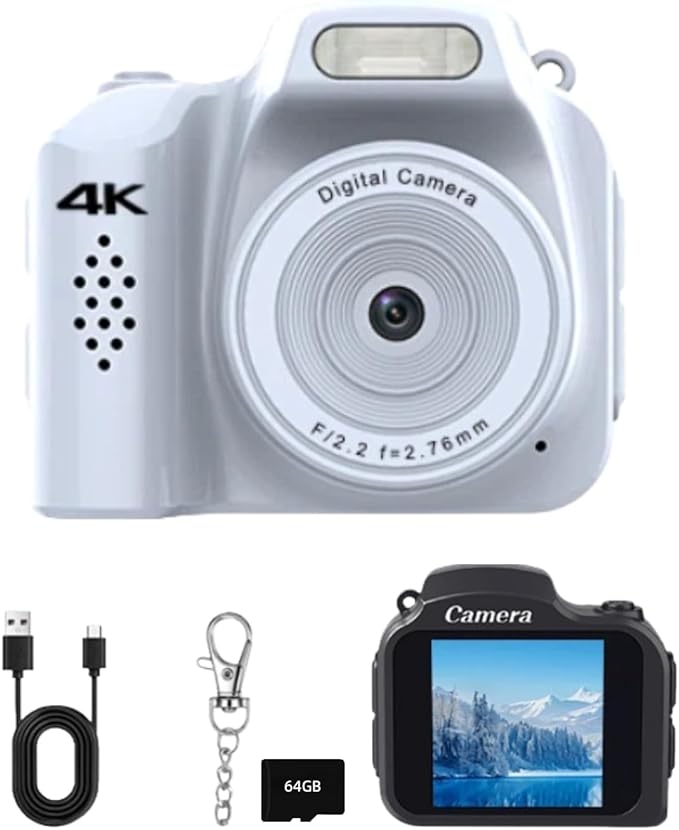 Mini Keychain Camera with 64GB Card: 4K Photo & Video Pocket Digital Camera,Built-in Screen & Flash,Fun Filters for Kids & Beginners,Easy Travel Camera for Daily Adventures, Idea (White)