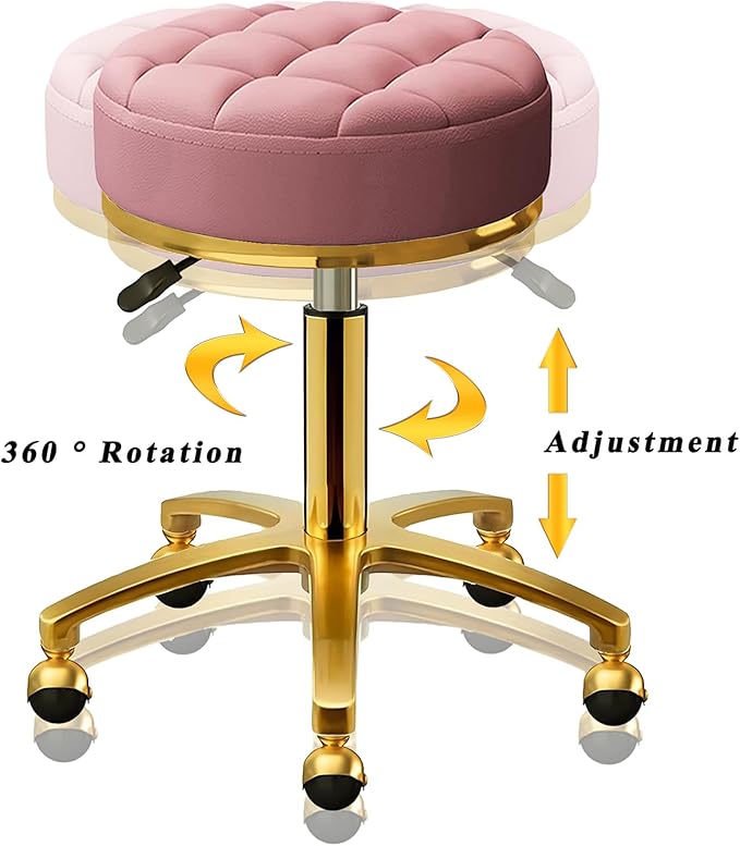 Rolling Stool Gold Vanity Stool with Wheels, Pedicure Massage Roller Stools, PU Leather Round Swivel Salon Spa Chair, Titanium Gold Base, Height Adjustable 43-55 cm (Pink)