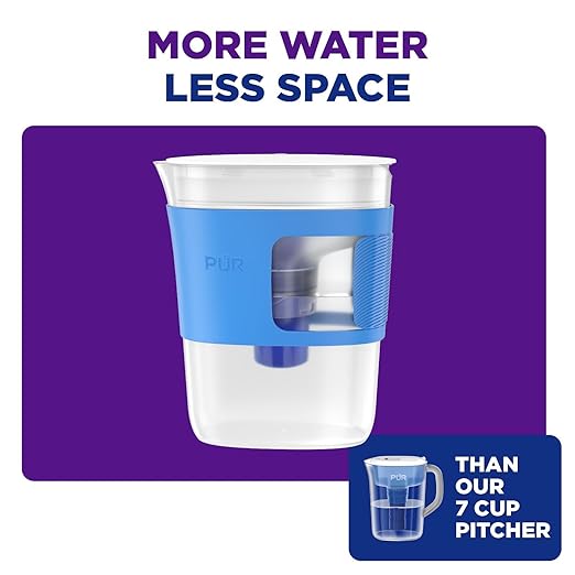 PUR Slim Water Filter Pitcher, 8-Cup Capacity, Compact Design for Dorms & Mini Fridges, Dishwasher Safe, Fast Filtration, Includes 1 Filter for Cleaner Great-Tasting Drinking Water Filtration, Blue