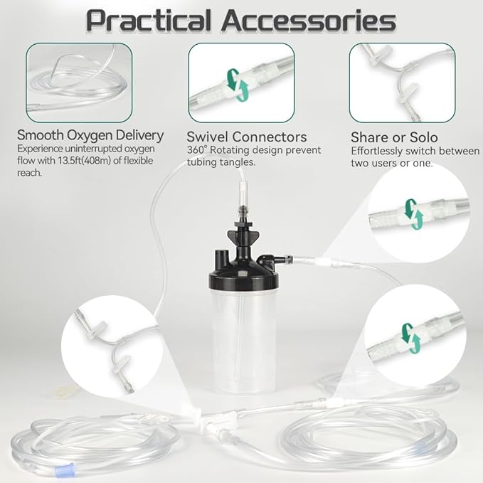 Oxygen Humidifier Bottle Set, Complete Kit with Oxygen Tubing, Oxygen Tubes Splitter & Connectors for Direct Installation, Easy Install for Home & Travel Use, 11PCS