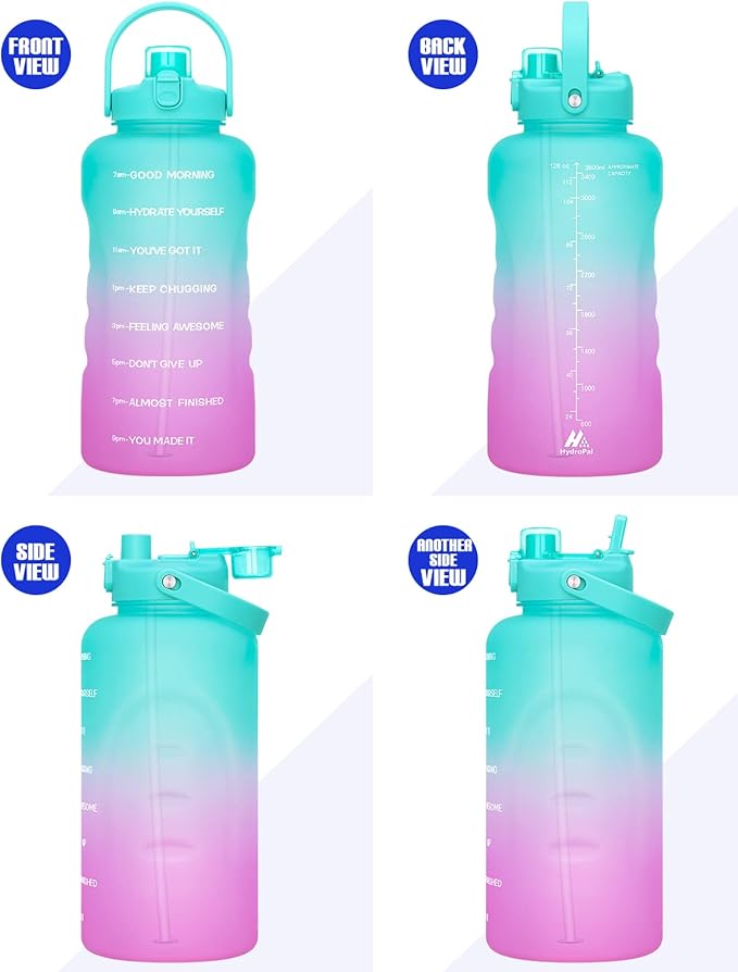 HydroPal 1 Gallon Water Bottles with Straw, 128 oz Water Bottle BPA Free Innovative 2-IN-1 Lid Gym Bottle with Times to Drink Motivational, Large for Sports Fitness Camping Water Jug （13.8X5.5 inch）