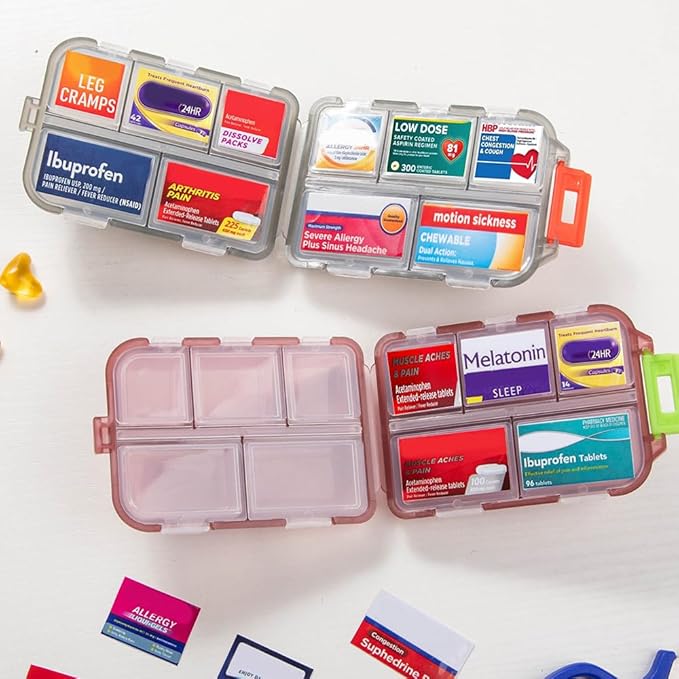 Custom Travel Pill Organizer, 10 Compartments Portable Pill Case with Medicine Labels, 5 Colors Daily Pill Box with 146 Kinds of commonly Used Medicine Name Stickers