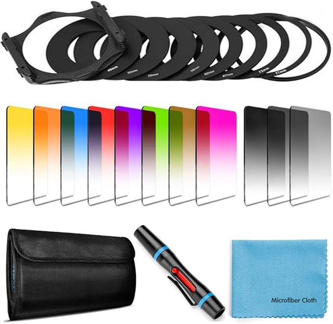 14 PCS Square Filter Kit Graduated ND Filters Color Lens Filter Set for Cokin P Series with Adapter Rings(49-82mm) Filter Holder Lens Cleaning Pen and Other Accessories for DSLR Cameras