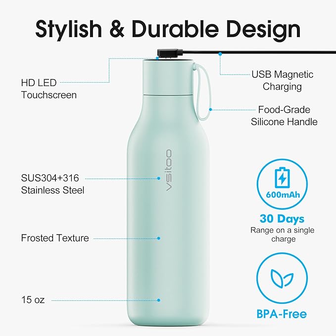 VSITOO 33oz Smart Self-Cleaning Water Bottle，Large Insulated Stainless Steel Bottle with AI Self-Clean, 30-Day Battery & Magnetic Charging for Outdoor Travel, Gym or Office, Blue
