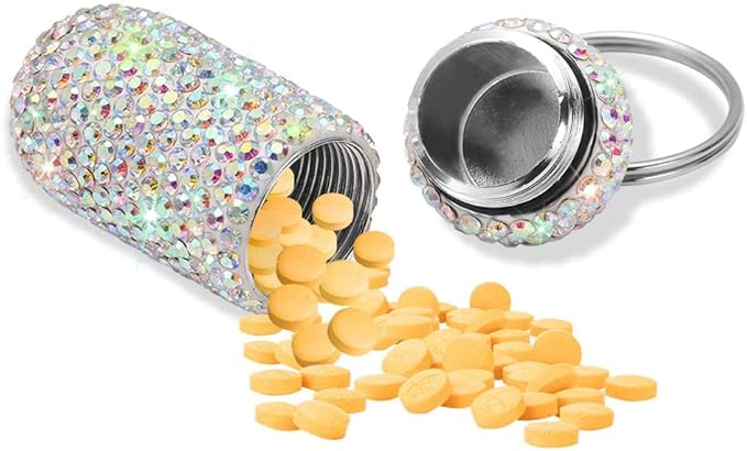 Portable Pill Case Pill Container Waterproof Pill Holder with Keychain Bling Pill Box Medicine Dispenser Bottle Storage for Outdoor Camping Travel (AB Color)