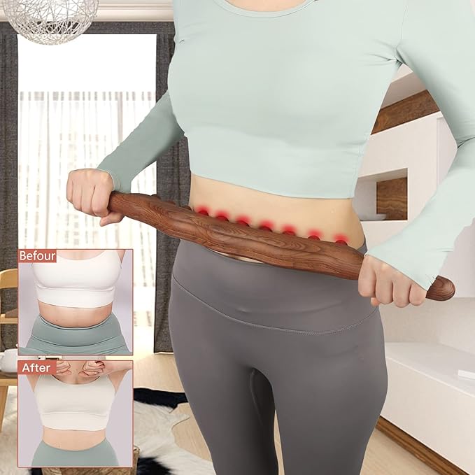 Wood Therapy Lymphatic Drainage Massage Roller Stick Tools, Myofascial Release Tool Stomach Cellulite Massager, Ease Neck Back Waist and Leg Pain Handheld Self Body Sculpting Massage Tool (20 Beads)