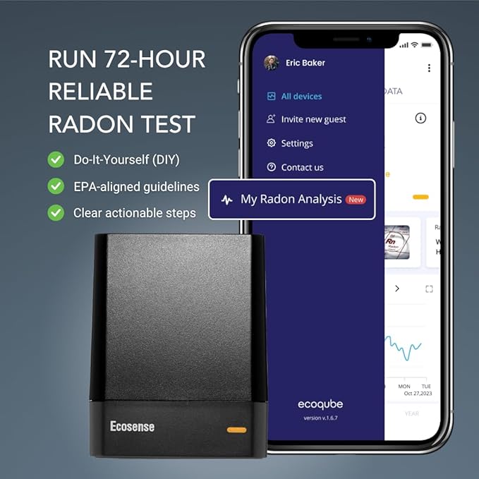 Ecosense EQ100 EcoQube, Digital Radon Detector, Fast Capture of Fluctuating Levels, Short & Long-Term Continuous Monitoring with Trend Charts, Remote Data Access, Only Support 2.4 GHz Networks