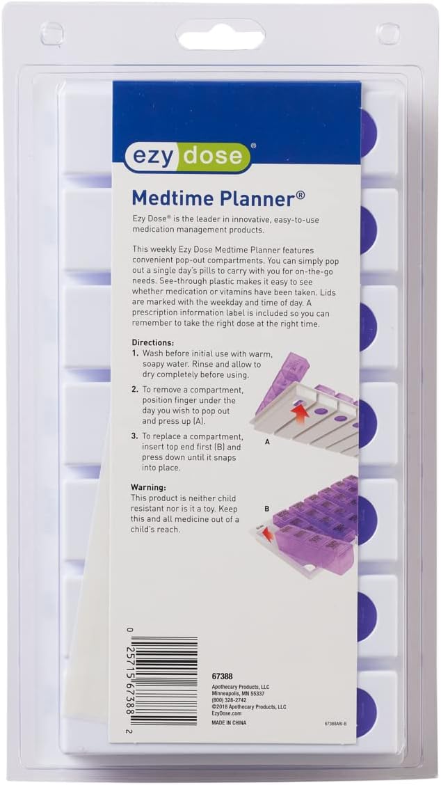 Ezy Dose Weekly (7-Day) Pill Organizer, Vitamin and Medicine Box, Large Pop-Out Compartments, 4 Times a Day, Blue
