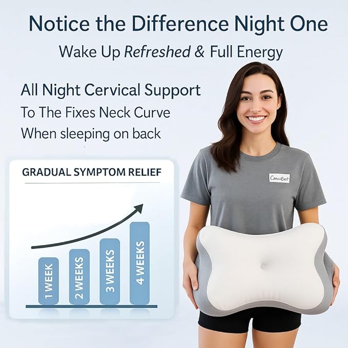 Cervical Pillow for Neck Pain & Side Sleepers Patented Ergonomic Memory Foam Pillow – Adjustable Height for Back & Side Sleeping, Anti-Snoring (Grey+White, 130-175 lbs)