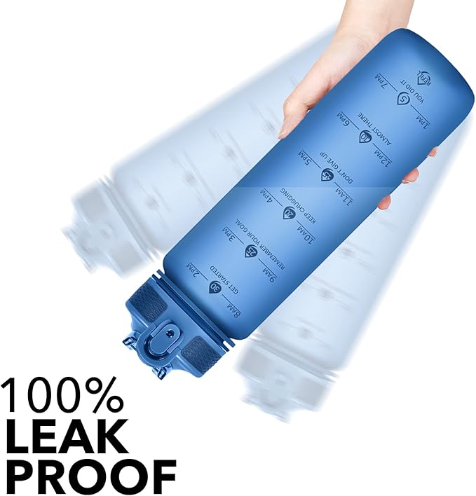 Water Bottle with Straw, Motivational 32 oz Water Bottles with Time Marker & No Sweat Sleeve, BPA Free Leak Proof Gym Bottle with Times to Drink