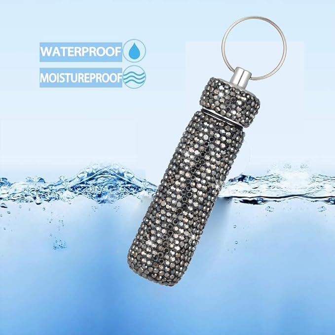 Bling Rhinestone Pill Case Portable Waterproof Pocket Pill Holder Bottle Storage with Keychain for Travel, Outdoor, Camping (bright black)