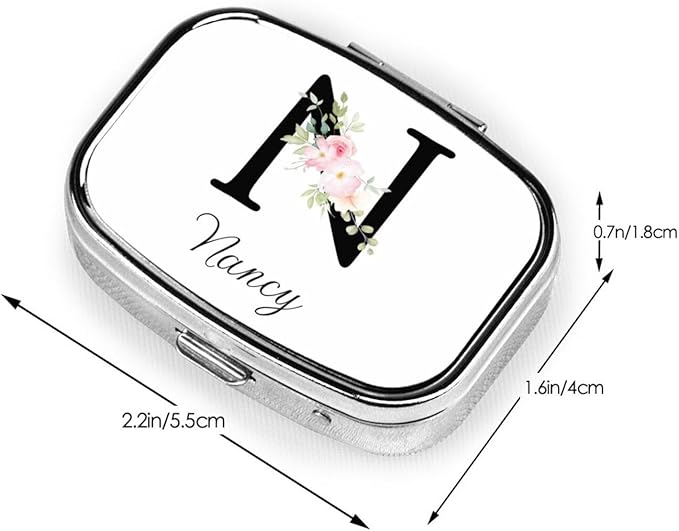 Custom Pill Box Personalized Square Small Pill Case with Mirror Add Your Photo Text Logo Name Decorative 2 Compartment Portable Metal Medicine Container Vitamin Organizer for Pocket Purse Travel (N)