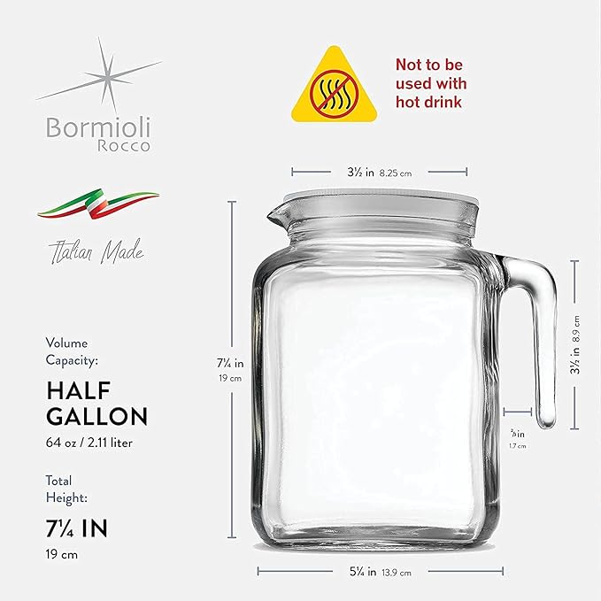 Bormioli Rocco Hermetic Seal Pitcher With Lid and Spout [68 Ounce] for Homemade Juice & Iced Tea or for Glass Milk Bottles, Clear