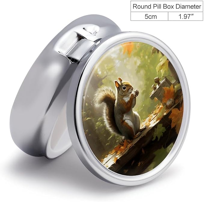 Squirrel Eats Nuts Pill Box Travel Pill Case for Purse Pocket Weekly Medicine Organizer with Mirror 3 Compartment Round Medicine Case Portable PillcaseHolder for Daily