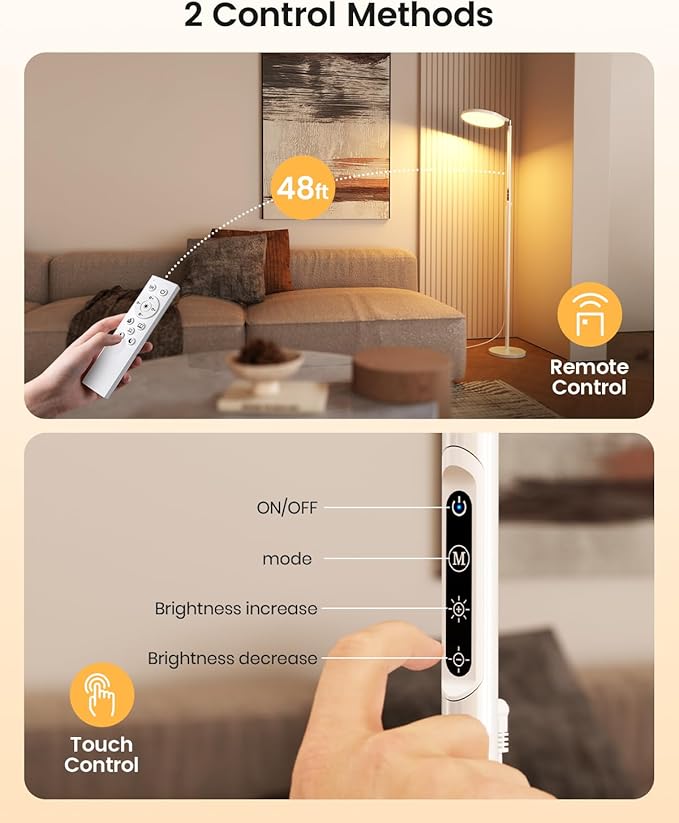 Light Floor Lamp 12000 Lux – UV-Free Full Spectrum LED Floor Lamp with 10 Brightness Levels, 5 Color Modes, 2 Setup Options, Adjustable Height, Remote & Timer for Reading, Bedroom, Office (White)
