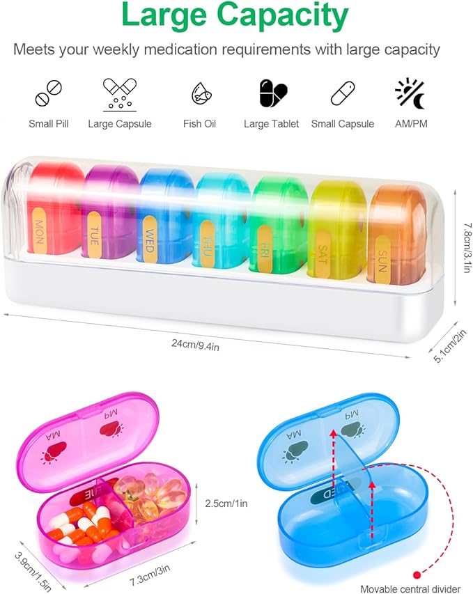Weekly Pill Organizer 7-Day, XXL Large Pill Organizer, Cute and Colorful Pillbox, Detachable Pill Box with Clear Lids for Vitamin, Medicine, Supplement, Fish Oil