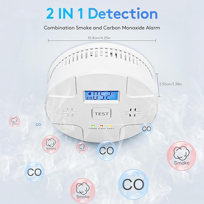 3 Packs,Smoke and Carbon Monoxide Detector, 2 in 1 Smoke CO Alarm, 85 dB Alert, Large Digital Display, Test Button, Battery Operated, LED Work Status, Easy Installation