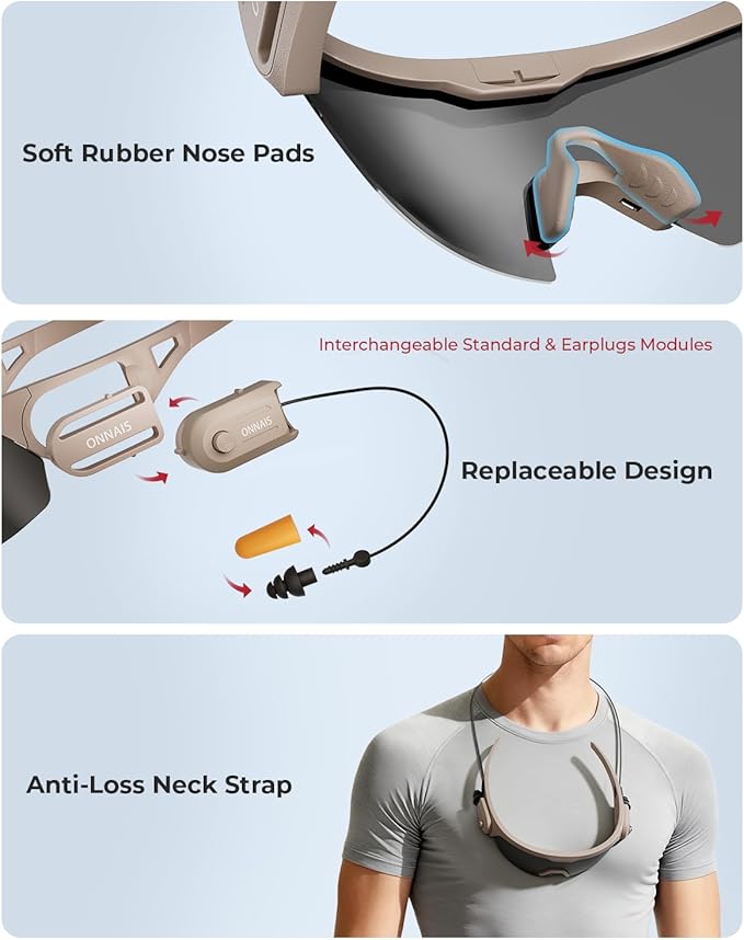 ONNAIS Shooting Glasses with Earplugs - ANSI Z87.1+ Safety Glasses with Detachable NRR 32dB Earplugs, Gifts for Men and Women