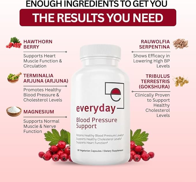 Blood Pressure Support Supplement - Hawthorn Berry, Arjuna & Magnesium - Natural Heart Health & Nitric Oxide Support - Everyday Cardiovascular Formula for Men & Women | 60 Capsules