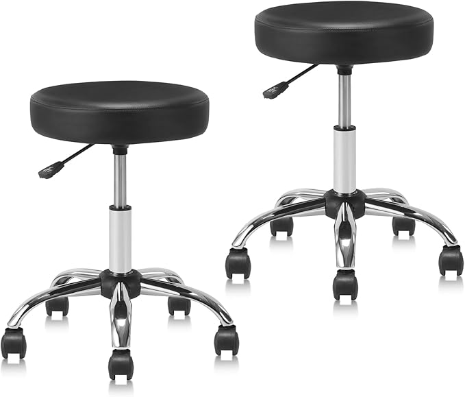 Round Rolling Stool with Wheels Adjustable Height Swivel Multi-Purpose Heavy Duty Wide Seat Drafting Stool for Office Laboratory Salon Massage Spa Medical Doctor Clinic Tattoo Beauty, 2 Pack