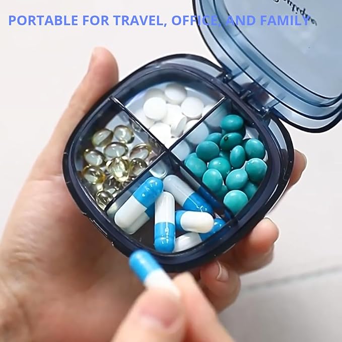 KOIALMA Portable Pills Organizer Box with 4 Compartments - Small Sized Medicine Storage Case with Sealed Compact Compartments. (Clean-Blue)