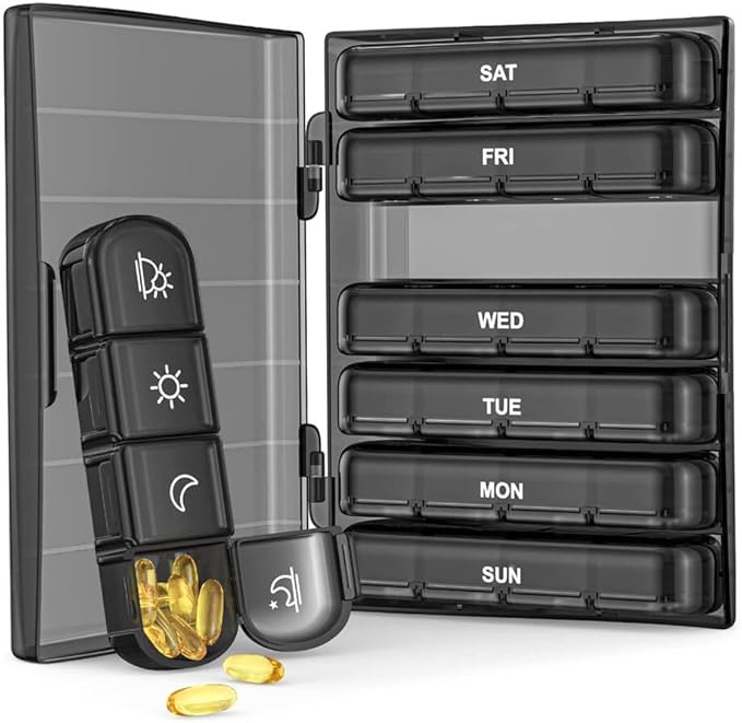 2 Pack Weekly Pill Organizer 4 Times a Day, Portable Travel Daily Pill Box 7 Day, 2 Week Medicine Holder Case for Fish Oil, Vitamin, Supplement