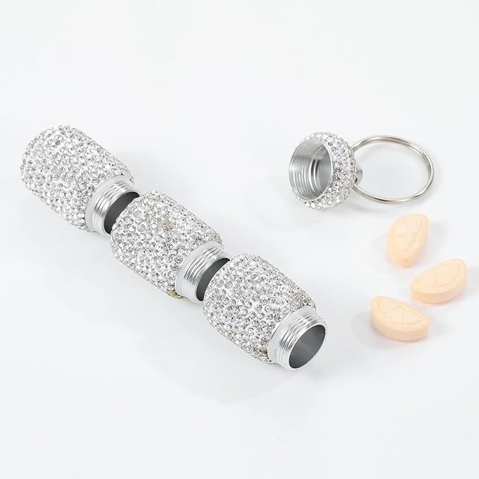 Bling Pill Case Portable Travel Pill Container Bottle Rhinestone Waterproof Small Pill Holder with Keychain Cute Mini Pill Storage Box for Outdoor Camping Case (White)
